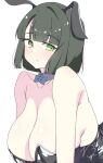  1girl :/ alternate_breast_size_(larger) animal_ears black_hair black_leotard blue_bow blue_bowtie blunt_bangs blunt_ends blush bob_cut bow bowtie breasts closed_mouth collarbone commentary_request detached_collar fake_animal_ears green_eyes highres huge_breasts leotard love_live! love_live!_hasu_no_sora_jogakuin_school_idol_club momose_ginko playboy_bunny rabbit_ears rokoroko_65 short_hair signature simple_background solo strapless strapless_leotard traditional_bowtie upper_body virtual_youtuber white_background 