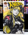  1girl armor art_tools_in_frame blue_eyes breasts cleavage cleavage_cutout closed_mouth clothing_cutout commentary cover_sketch english_commentary hand_on_own_hip highres holding holding_sword holding_weapon long_hair looking_to_the_side magik_(x-men) marker_(medium) marvel midriff pauldrons photo_(medium) shoulder_armor shoulder_spikes signature single_pauldron solo spiked_pauldrons spikes stanley_lau sword traditional_media weapon x-men 