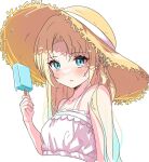  1girl alternate_hairstyle bare_shoulders blonde_hair blue_eyes blue_hair blush collarbone commentary cropped_torso curtained_hair dress food gradient_hair hair_down hat highres holding holding_food holding_popsicle katanashi_(ktnsh_popu) long_hair love_live! love_live!_hasu_no_sora_jogakuin_school_idol_club melting_popsicle multicolored_hair osawa_rurino osawa_rurino_(very!_very!_coconatsu_casual) parted_bangs parted_lips popsicle sleeveless sleeveless_dress solo straw_hat sundress sweat virtual_youtuber white_dress yellow_hat 