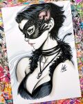  1girl batman_(series) black_hair black_mask breasts catwoman cleavage closed_mouth collarbone commentary cropped_torso dc_comics english_commentary eye_mask green_eyes highres jewelry marker_(medium) mask necklace photo_(medium) short_hair signature solo stanley_lau traditional_media 