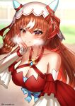  1girl absurdres alternate_breast_size_(larger) animal_ears bare_shoulders blush breasts breath brown_hair cleavage collarbone commentary_request detached_sleeves dress ear_covers ear_ribbon hair_between_eyes hair_ornament hand_on_own_cheek hand_on_own_face highres horse_ears horse_girl large_breasts long_hair multicolored_hair open_mouth rayleigh_scale red_dress red_eyes ribbon smile solo still_in_love_(scarlet_vow_raiment)_(umamusume) still_in_love_(umamusume) streaked_hair sweat umamusume veil very_sweaty white_streaks white_veil 