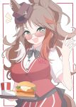  1girl absurdres alternate_costume animal_ears apron arnolddayo black_bow black_pants bow breasts brown_hair chicken_(food) chicken_sandwich collared_shirt commentary_request ears_through_headwear employee_uniform fast_food fast_food_uniform fedora food forever_young_(umamusume) fried_chicken green_eyes hat highres holding holding_tray horse_ears horse_girl kfc large_breasts long_hair looking_at_viewer multicolored_hair open_mouth pants purple-tinted_eyewear red-tinted_eyewear red_apron red_vest shirt short_sleeves smile solo streaked_hair sunglasses tinted_eyewear tray umamusume vest waist_apron waving white_shirt white_streaks 