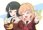  2girls :d ;d ^_^ black_hair blue_background blunt_bangs blunt_ends blush bob_cut brown_dress cerise_bouquet clenched_hand closed_eyes commentary_request dress drop_shadow flower flower_knot hair_flower hair_intakes hair_ornament hasu_no_sora_school_uniform highres hinoshita_kaho locked_arms long_sleeves love_live! love_live!_hasu_no_sora_jogakuin_school_idol_club medium_hair momose_ginko multiple_girls neckerchief one_eye_closed open_mouth outstretched_arm rabbit_hair_ornament red_neckerchief sailor_collar sailor_dress school_uniform short_hair smile sukecolo teeth two_side_up upper_body upper_teeth_only v virtual_youtuber white_flower white_sailor_collar winter_uniform yellow_neckerchief 