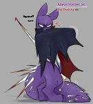 ambiguous_gender anthro bat big_tail black_cape black_clothing blood blood_drip bodily_fluids cape clothing covering covering_self dracula dripping dvisk emoji grey_background hi_res looking_at_viewer mammal melee_weapon multicolored_tail partially_clothed_anthro purple_body rain_world red_cape red_clothing shaded simple_background slugcat solo spear_tail spearmaster_(rain_world) spots standing tail text videocult weapon white_eyes white_nose white_spots