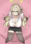  1girl bed black_thighhighs blonde_hair blue_archive breasts cleavage fingerless_gloves gloves green_eyes hair_bun halo high_heels highres lanyard large_breasts leebo_(leeboxxx) long_hair nonomi_(blue_archive) on_bed sketch skirt spread_legs thighhighs 