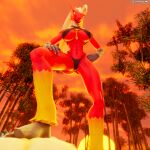 3d_(artwork) absurd_res amphibian anthro avian bikini bird blaziken clothing digital_media_(artwork) duo feet female first_person_view foot_on_chest fur generation_3_pokemon generation_6_pokemon greninja hi_res humanoid_feet kaiden_(okamical) looking_at_viewer male male/female muscular muscular_male nails nintendo okamical open_mouth pinned pinned_to_ground plantigrade pokemon pokemon_(species) red_body sharp_nails sharp_toenails spread_legs spreading sunset swimwear toenails toes topwear two-piece_swimsuit