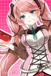  1girl 2025 :q a_pig28 ahoge aqua_ribbon black_ribbon blue_eyes box box_of_chocolates breasts chocolate closed_mouth commentary_request dated dutch_angle eiyuu_densetsu food food_on_face food_on_hand gradient_background grid_background hair_between_eyes hair_ribbon highres kuro_no_kiseki_(series) kuro_no_kiseki_ii lace lace_sleeves large_breasts licking_lips long_hair long_sleeves looking_at_viewer nadia_rayne neck_ribbon outline pink_background pink_hair ribbon simple_background smile solo standing swept_bangs tongue tongue_out twintails upper_body white_outline 