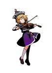  1girl absurdres black_hat black_skirt black_vest blonde_hair bow_(music) brown_shoes closed_eyes closed_mouth commentary_request crescent crescent_hat_ornament facing_viewer frilled_hat frills full_body gradient_clothes gradient_skirt hat hat_ornament highres himukai_yuuji_(style) holding holding_bow_(music) holding_instrument holding_violin instrument kneehighs limone_illust loafers long_sleeves lunasa_prismriver purple_skirt shoes simple_background skirt socks solo touhou vest violin white_background white_socks 