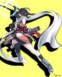  asymmetrical_legwear black_hair elbow_gloves gloves h-new kantai_collection knife looking_at_viewer pleated_skirt purple_eyes sendai_(kantai_collection) short_hair signature skirt solo traditional_media two_side_up watercolor_(medium) yellow_background 