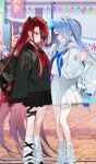  2girls bag black_sailor_collar black_shirt black_skirt blue_eyes blue_hair blue_neckerchief blush bow breasts choker commentary_request fate/grand_order fate_(series) game_asset hair_bow hair_over_one_eye hotosoka kneehighs long_hair long_sleeves looking_at_viewer loose_socks multiple_girls neckerchief official_art open_mouth partial_commentary red_hair red_neckerchief sailor_collar shirt shoulder_bag skirt small_breasts smile socks thigh_strap thighs third-party_source typhon_ephemeros_(academy_outfit)_(fate) typhon_ephemeros_(fate) typhon_epsilon_(academy_outfit)_(fate) typhon_epsilon_(fate) very_long_hair white_sailor_collar white_shirt white_skirt white_socks yellow_eyes 