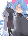 1girl absurdres animal_ears aochoku belt black_boots black_dress blue_hair blush boots breasts brown_pantyhose cat_ears cat_tail closed_eyes closed_mouth coat commentary dress full_body glasses grey_coat highres large_breasts leona_(aochoku) long_hair long_sleeves multiple_views off_shoulder open_mouth original pantyhose smile tail untranslatable_commentary 