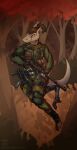 2026 4_fingers absurd_res anthro armor belt body_armor bottomwear brown_hair camo camo_bottomwear camo_clothing camo_pants camo_print claws clothed clothing cybernetic_leg cybernetic_limb dated day detailed_background digitigrade explosives female fingerless_gloves fingers forest gloves grenade gun hair handwear hi_res holding_gun holding_object holding_ranged_weapon holding_rifle holding_weapon inheritor knee_pads lizard lusciouslioness machine_pistol missing_leg notched_ear outside pants pattern_bottomwear pattern_clothing pattern_pants plant project_silverfish ranged_weapon reptile rifle running scalie scarf shrub solo tail tapering_tail text tree url weapon