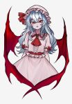  1girl alternate_hair_length_(longer) ascot bat_wings blue_hair bow brooch collared_shirt commentary_request eyamigusa8823 fang frilled_shirt_collar frills grey_background hair_between_eyes hat hat_ribbon highres jewelry long_hair looking_at_viewer mob_cap open_mouth pink_hat pink_shirt pink_skirt puffy_short_sleeves puffy_sleeves red_ascot red_bow red_eyes red_wings remilia_scarlet ribbon shirt short_sleeves simple_background skin_fang skirt skirt_set sleeve_bow solo touhou wings 