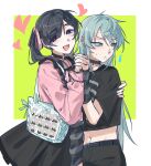  2girls alien_stage arm_around_another's_back badge black_choker black_eyes black_hair black_nails black_shirt black_skirt button_badge chinese_commentary choker commentary_request crop_top fang genderswap genderswap_(mtf) green_eyes hair_ribbon heart heart-shaped_pupils highres holding_hands itabag ivan_(alien_stage) multiple_girls pink_ribbon pink_shirt red_pupils ribbon shirt skin_fang skirt smile snakebite_(piercing) symbol-shaped_pupils till_(alien_stage) twintails ya_shiba_li_hao 