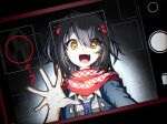  1boy ? black_hair blue_necktie cellphone collared_shirt commentary earrings fake_phone_screenshot fake_screenshot fang hair_between_eyes hair_ornament highres horror_(theme) jewelry ka_howareyou looking_at_viewer male_focus mashiro_meme mashiro_meme_(1st_costume) necktie nijisanji open_mouth phone safety_pin_hair_ornament scarf selfie shirt smartphone solo untranslatable_commentary upper_body virtual_youtuber yellow_eyes 