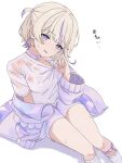  1girl @_@ blonde_hair choker collar_tug commentary highres hololive hololive_dev_is jacket jacket_partially_removed jun_(jun_mysk) looking_at_viewer multicolored_hair open_mouth purple_choker purple_eyes purple_hair shirt short_hair short_sleeves shorts simple_background socks solo streaked_hair todoroki_hajime todoroki_hajime_(1st_costume) translation_request two_side_up untranslatable_commentary virtual_youtuber wet wet_clothes wet_shirt white_background white_jacket white_shirt white_shorts white_socks 