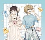  2girls ahoge aqua_border blue_eyes blue_hair blue_shirt border bracelet brown_eyes brown_hair brown_ribbon brushing_teeth bubble bun_cover collarbone colored_inner_hair commentary_request cup double-parted_bangs double_bun drawstring english_commentary fangs feet_out_of_frame frilled_nightgown frilled_sleeves frills grid_background hair_between_eyes hair_bun hair_dryer hair_ribbon hand_in_pocket hand_up hands_up hatopippi45 highres holding holding_cup holding_toothbrush jewelry looking_ahead making-of_available midriff_peek mixed-language_commentary mug multicolored_eyes multicolored_hair multiple_girls nightgown open_mouth original outline outside_border pants print_shirt red_eyes ribbon rubber_duck scar scar_on_stomach shirt short_hair short_sleeves simple_background standing star_(symbol) striped_clothes striped_pants t-shirt teeth three-quarter_sleeves tied_drawstring toothbrush two-tone_eyes vertical-striped_clothes vertical-striped_pants white_background white_nightgown white_outline white_pants 