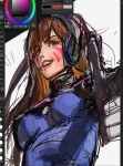  1girl art_program_in_frame blue_bodysuit bodysuit breasts brown_eyes brown_hair commentary d.va_(overwatch) english_commentary facepaint facial_mark finger_gun gloves headphones highres lips long_hair looking_at_viewer manliver065 marking_on_cheek open_mouth outstretched_arm overwatch pointing pointing_at_viewer reaching small_breasts smile solo teeth upper_teeth_only white_gloves 