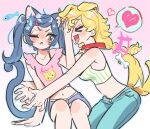  >_< +++ 2girls absurdres animal_collar animal_ears blonde_hair blue_eyes blue_hair cat_ears cat_girl cat_tail collar commentary crop_top dog_ears dog_girl dog_tail fang fish hair_ornament hairclip heart highres kerberos_(kerbe_) multiple_girls one_eye_closed original pink_background pink_shirt pushing_away pushing_face shirt spoken_heart sweatdrop tail twintails 