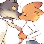 4_fingers anthro barbell_piercing belt black_belt bottomwear boyfriend/girlfriend canid canine canis canon_couple canonical_scene clothing colored_sketch diane_foxington dreamworks duo eyebrow_piercing eyes_closed facial_piercing female fingers fox fur grey_body grey_bottomwear grey_clothing grey_fur grey_pants heart_symbol jacket jingran1310000 kiss_on_lips kissing male mammal mr._wolf_(the_bad_guys) orange_body orange_fur pants piercing red_fox romantic romantic_couple simple_background sketch surprise_kiss surprised the_bad_guys topwear true_fox white_background white_clothing white_dress_shirt white_jacket white_topwear wolf yellow_eyes yellow_sclera