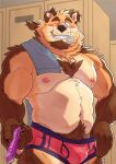  2022 anthro biped black_nose blush brown_body bulge canid canine canis clothing condom condom_in_mouth domestic_dog hi_res humanoid_hands kemono locker_room male mammal moobs nipples one_eye_closed ryuta-h sexual_barrier_device slightly_chubby solo underwear wink 