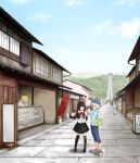  2girls 3others architecture bag black_eyes black_hair black_skirt black_thighhighs blue_hat blue_pants blue_sky bow bowtie brown_shoes cherry_blossoms cloud commentary_request day display_case east_asian_architecture flat_cap full_body furry grey_hair handbag hat holding holding_map long_sleeves looking_at_another map menu_board multiple_girls multiple_others open_mouth original outdoors pants pink_shoes red_bow red_bowtie road sengoku_esuji shirt shoes shopping short_hair skirt sky standing street thighhighs tree white_shirt 