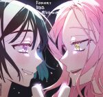  2girls alien_stage bibi1015bibi black_background black_hair commentary_request hairband highres long_hair looking_at_another mizi_(alien_stage) multiple_girls open_mouth pink_hair purple_eyes signature smile sua_(alien_stage) white_hairband yellow_eyes 