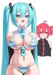  2girls absurdres ahoge amaama_(beccyonaika1) aqua_bikini aqua_eyes aqua_hair aqua_necktie areola_slip between_breasts bikini black_shirt black_sleeves blush breasts clothes_between_breasts collared_shirt commentary_request detached_sleeves drill_hair groin hair_between_eyes hair_ornament hatsune_miku highres kasane_teto large_breasts long_hair looking_at_viewer multiple_girls navel necktie necktie_between_breasts open_mouth pink_lips red_eyes red_hair shirt simple_background sleeveless sleeveless_shirt smile stomach striped_bikini striped_clothes sweatdrop swimsuit thighs twin_drills twintails utau very_long_hair vocaloid white_background white_bikini white_shirt 