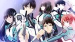  3girls black_hair blue_eyes chiba_erika long_hair mahouka_koukou_no_rettousei multiple_boys multiple_girls necktie red_hair saijou_leonhart school_uniform shiba_miyuki shiba_tatsuya shibata_mizuki short_hair yellow_eyes yoshida_mikihiko yuino_(yuina0310) 