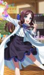  1girl black_skirt blue_bow blue_eyes blush bow bowtie breasts brown_hair coat commentary_request fate/grand_order fate_(series) flask forehead game_asset hair_bow kneehighs leonardo_da_vinci_(academy_outfit)_(fate) leonardo_da_vinci_(fate) leonardo_da_vinci_(rider)_(fate) long_hair long_sleeves looking_at_viewer official_art open_mouth parted_bangs partial_commentary ponytail round-bottom_flask shirt simosi skirt small_breasts smile socks solo thighs third-party_source white_coat white_shirt white_socks 