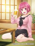  :d alcohol barefoot beer beer_mug breasts chopsticks cup drinking_glass highres holding holding_cup kakusei_kenkyuu_idol_lab large_breasts legs long_sleeves on_floor open_mouth pink_eyes pink_hair short_hair sitting skirt smile solo table tatami thighs wacchi wariza 