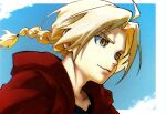  1boy ahoge black_jacket blonde_hair blue_sky braid braided_ponytail closed_mouth coat collarbone commentary curtained_hair edward_elric from_side fullmetal_alchemist highres hood hood_down hooded_coat jacket male_focus red_coat sanketsu_(user_zxmp2323) shirt sky solo t-shirt yellow_eyes 
