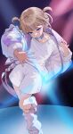  1girl blonde_hair blurry blurry_background choker commentary_request gotoh_(nekocat) highres hololive hololive_dev_is jacket long_sleeves motion_blur multicolored_hair open_clothes open_jacket open_mouth purple_choker purple_eyes purple_hair shirt short_hair shorts signature solo standing standing_on_one_leg streaked_hair sweatdrop todoroki_hajime todoroki_hajime_(1st_costume) two_side_up virtual_youtuber white_jacket white_shirt white_shorts 