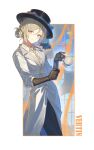  1girl absurdres balloon black_gloves black_hat blonde_hair character_name closed_mouth coat collared_shirt commentary_request cup formal_clothes gloves grey_necktie hat head_tilt highres holding holding_cup korean_commentary necktie outside_border partial_commentary reverse:1999 shirt short_hair sleeves_rolled_up smile solo sp0i0ppp standing top_hat vertin_(reverse:1999) white_coat white_shirt yellow_eyes 