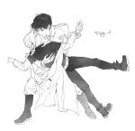  2boys absurdres ahoge amestris_military_uniform belt boots braid braided_ponytail commentary curtained_hair edward_elric face-to-face full_body fullmetal_alchemist gloves highres hood hooded_coat jacket long_hair male_focus multiple_boys pants roy_mustang short_hair simple_background standing white_background xue_ezi yaoi 