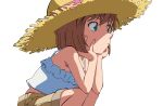  1girl brown_hair brown_hat brown_shorts closed_mouth commentary derivative_work expressionless feet_out_of_frame from_side green_eyes haibara_ai hands_on_own_cheeks hands_on_own_face hat hat_ribbon highres looking_ahead meitantei_conan quelcom ribbon shirt short_hair shorts simple_background sitting sleeveless sleeveless_shirt solo straw_hat sun_hat transparent_background white_shirt 