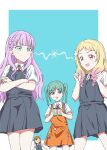  4girls :d apron aqua_hair blonde_hair blue_background blunt_bangs border braid braided_twintails center-flap_bangs collared_shirt commentary_request crossed_arms dress drink gamers_(store) gradient_hair green_eyes grey_dress highres holding holding_drink lightning_glare long_hair love_live! love_live!_superstar!! mochineko1124 multicolored_hair multiple_girls neck_ribbon onitsuka_natsumi onitsuka_tomari open_mouth orange_apron orange_hair outside_border pinafore_dress pink_hair pleated_dress purple_hair red_eyes red_ribbon ribbon school_uniform shibuya_kanon shirt short_dress short_sleeves side_braids simple_background sleeveless sleeveless_dress smile summer_uniform sweatdrop v-shaped_eyebrows white_border white_shirt wien_margarete yuigaoka_school_uniform 