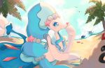 2026 ambiguous_gender anthro aquatic asterozoan avian beach bird blue_body blue_eyes blue_hair blush blush_lines brionne bubble cloud echinoderm eyelashes fangs feral gem generation_3_pokemon generation_7_pokemon group hair hi_res nintendo open_mouth palm_tree pearl_(gem) pesce_r plant pokemon pokemon_(species) popplio primarina sandygast sea sky smile split_form starfish starfish_(accessory) tail teeth tongue tree water white_body wings wingull