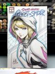  1girl art_tools_in_frame blonde_hair blue_eyes blue_outline bodysuit breasts closed_mouth commentary cover_sketch english_commentary gwen_stacy hood hooded_bodysuit looking_at_viewer marker_(medium) marvel medium_breasts medium_hair multicolored_bodysuit outline photo_(medium) signature solo spider-gwen spider-man_(series) spider_web_print stanley_lau traditional_media white_bodysuit 