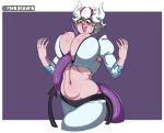  1girl absurdres artist_name beelzebub_(helltaker) between_breasts bleach bleach:_sennen_kessen-hen blush breasts cleavage_cutout clothing_cutout commission commissioner_name cosplay demon_girl demon_horns demon_tail freckles hair_between_eyes helltaker highres horns huge_breasts inoue_orihime inoue_orihime_(cosplay) navel parody pinkdrawin purple_tentacle red_eyes scene_reference shirt simulated_paizuri skirt tail tentacle_between_breasts twitter_username white_hair white_horns white_shirt white_skirt 