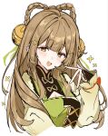 1girl aged_up alternate_hair_length_(longer) apron arm_at_side bell belt blunt_bangs blush bow-shaped_hair braid breasts brown_eyes brown_hair center-flap_bangs cleavage cleavage_cutout clothing_cutout commentary_request cropped_torso eyelashes genshin_impact gold_belt green_apron hair_bell hair_ornament hand_up highres jingle_bell long_hair long_sleeves looking_at_viewer mandarin_collar open_mouth pink_lips portrait small_breasts solo tsurime w watari_0208 white_background white_sleeves yaoyao_(genshin_impact) 