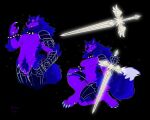 2023 5_fingers anthro armor black_background bracelet breasts canid canine canis claws collar colored countershading crotch_tuft digital_drawing_(artwork) digital_media_(artwork) featureless_breasts featureless_crotch finger_claws fingers fur jewelry mammal melee_weapon mostly_nude paws peepy_(purplefungieater) purple_body purple_fur purplefungieater simple_background solo spiked_bracelet spiked_collar spikes sword tail toe_claws tuft unconvincing_armor weapon wolf