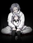  2boys aged_down aotsuki_eito black_gloves black_socks book crossed_arms dual_persona glasses gloves grey_hair highres holding holding_book jacket male_focus multiple_boys nitori2ku on_lap pants purple_eyes short_hair sitting sleeve_pouch socks the_hundred_line_-last_defense_academy- twitter_username white_jacket white_pants 