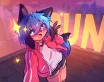 2026 anthro biped blue_hair blurred_background blush bottomwear brand_new_animal breasts canid canine city city_background cityscape claws clothed clothing cute_fangs digital_media_(artwork) dipstick_tail facial_markings fangs female gesture gloves_(marking) hair hand_gesture happy head_markings hi_res jacket kabatsu looking_at_viewer mammal markings mask_(marking) michiru_kagemori open_mouth open_smile outside portrait raccoon_dog rooftop selfie shirt shorts signature small_breasts smile smiling_at_viewer solo standing studio_trigger tail tail_markings tanuki teeth text topwear v_sign