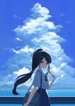  1girl absurdres aris_(blue_archive) bag black_bag black_hair black_skirt blue_archive blue_bow blue_bowtie blue_eyes blue_halo blue_sky bow bowtie cloud commentary cumulonimbus_cloud dango eating food halo highres holding holding_food long_hair looking_at_viewer mill_bbang pleated_skirt school_bag school_uniform short_sleeves skirt sky solo untranslatable_commentary wagashi 