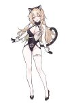  1girl :d absurdres animal_ear_hairband animal_ears black_gloves black_leotard black_shoes blonde_hair breasts cat_ear_hairband cat_ears cat_tail commentary english_commentary fake_animal_ears fake_tail gloves hairband highres large_breasts leotard long_hair looking_at_viewer miclipse multicolored_leotard open_mouth original shoes simple_background smile solo sun_(miclipse) tail two-tone_leotard white_background yellow_eyes 