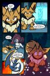 2026 5_panel_comic absol absurd_res ambiguous_gender black_cape black_clothing black_eyes black_nose black_text brown_hair cape claws clenched_teeth clothing comic dialogue dot_pupils duo eevee ellipsis english_text eyebrows eyelashes feral fur generation_1_pokemon generation_3_pokemon grin hair hi_res horn inner_ear_fluff looking_at_another looking_back male_(lore) nintendo open_mouth open_smile page_number paws pokemon pokemon_(species) pokemon_mystery_dungeon quadruped signature smile speech_bubble spike_chunsoft tail talking_to_another teeth text toony tuft virmir virmir_(character) white_body white_fur white_sclera