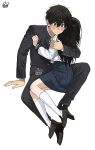  1boy 1girl arm_support black_hair black_jacket black_pants black_shoes blue_skirt blush chitanda_eru collared_shirt commentary_request double-parted_bangs embarrassed frown full_body green_eyes hair_between_eyes hetero hug hyouka jacket kamiyama_high_school_uniform_(hyouka) kneehighs loafers long_hair long_sleeves looking_ahead mery_(yangmalgage) oreki_houtarou pants pleated_skirt school_uniform serafuku shirt shoes sidelocks signature simple_background sitting skirt socks sweat white_background white_shirt white_socks wide-eyed 