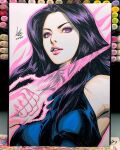  1girl art_tools_in_frame black_hair breasts clenched_hand commentary energy_blade english_commentary highres long_hair looking_to_the_side marker_(medium) marvel outline parted_lips photo_(medium) pink_outline psylocke purple_eyes purple_hair signature solo stanley_lau traditional_media upper_body x-men 