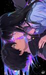  1boy 1girl black_background black_hair black_jacket blue_hair blue_neckerchief blue_sailor_collar blunt_bangs blush chitanda_eru colored_inner_hair commentary_request double-parted_bangs gradient_hair green_eyes hair_between_eyes hand_on_another's_shoulder hyouka imminent_kiss jacket kamiyama_high_school_uniform_(hyouka) long_hair long_sidelocks long_sleeves looking_at_another mery_(yangmalgage) multicolored_hair neckerchief oreki_houtarou purple_eyes purple_hair sailor_collar school_uniform serafuku shirt short_hair sidelocks signature star_(sky) upper_body white_shirt 